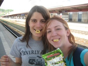 Eating german onion rings while waiting for the train