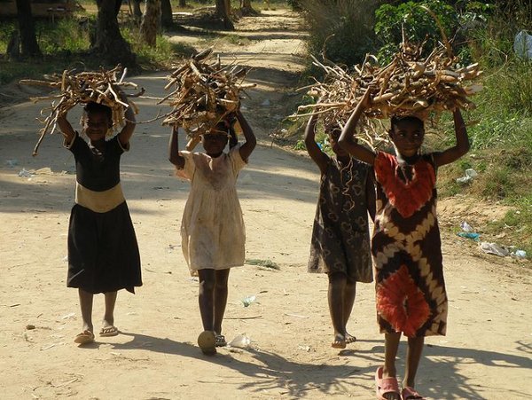 Girls carrying wood in the village