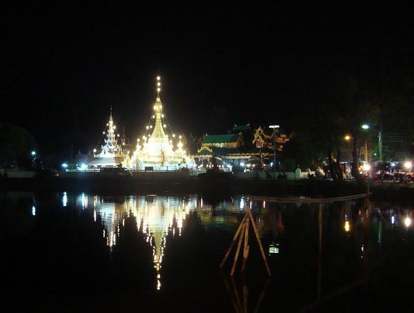 Temple on the lake at night