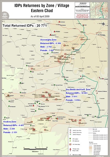Map of IDP sites in eastern Chad