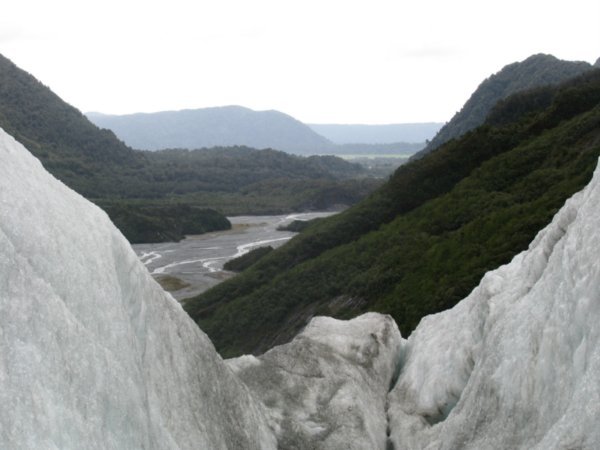 View of the valley and smoky river from the top of the Glacier