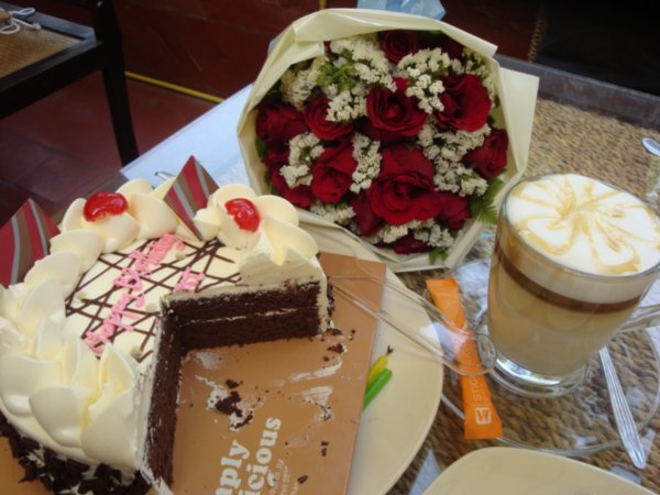 coffee, cake and flowers