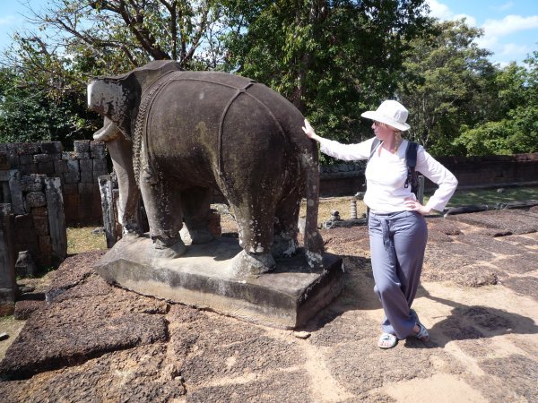 Catherine and a stone elephant