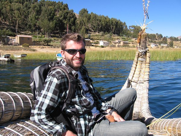 Neil in a straw boat, Lake Titicaca