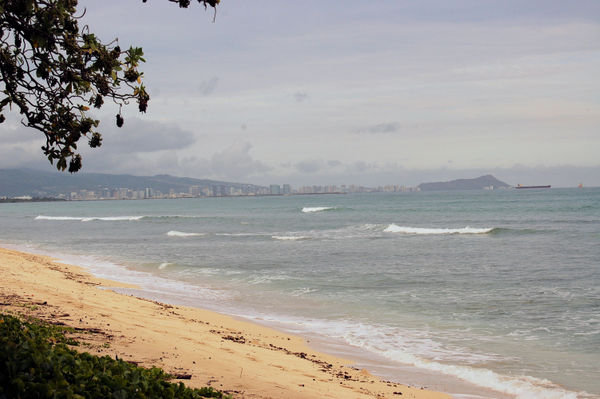 View of Honolulu and Pearl Harbor from our beach
