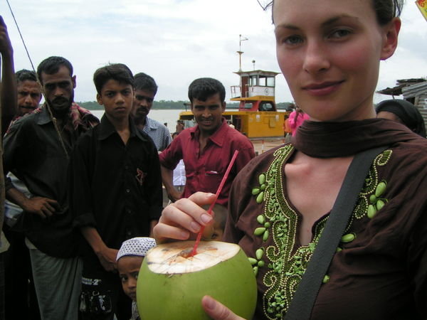 Coconut Water at Ferry Crossing, (plus audience!), Barisal to Kuakata