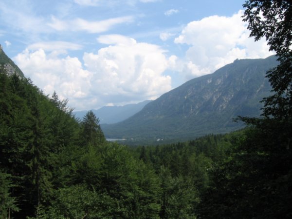 View of lake and mountains from Savica Waterfall