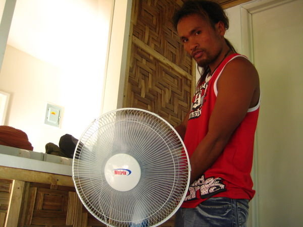 Rasta modelling his brand new fan