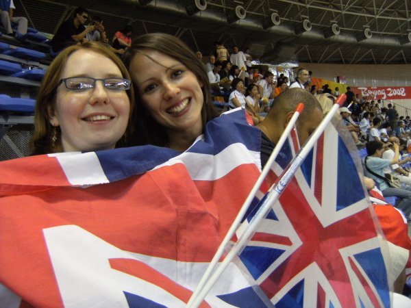 Kerry and Sarra flying the flag for Team GB at the Laoshan Velodrome, Beijing
