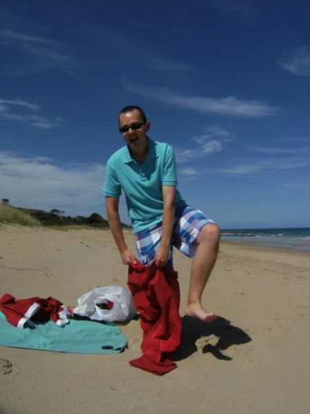 Donning the Santa suit at Appollo Bay beach