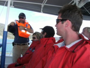 Safety briefing on board for Tasman Island and Peninsula boat trip