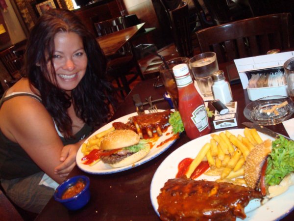 Drea with buger and ribs at Hard Rock Cafe, Athens