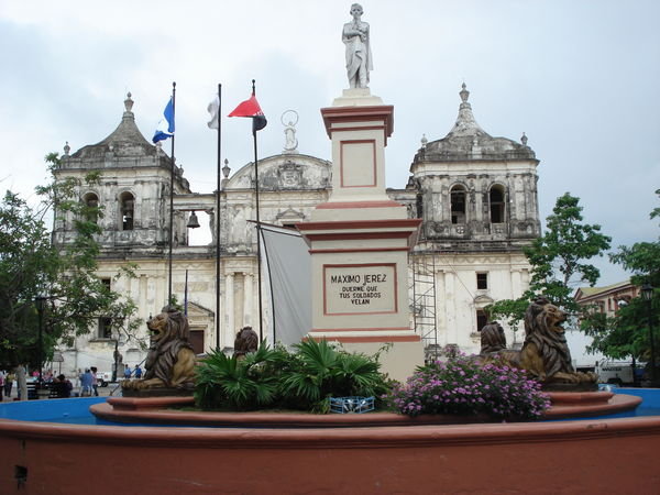 Statue in the parque central and cathedral in the background