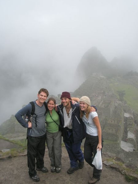 Cloudy arrival at Machu Picchu with our crazy Dutch hiking mates
