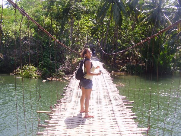 Claire on a bamboo bridge in Pangandaran