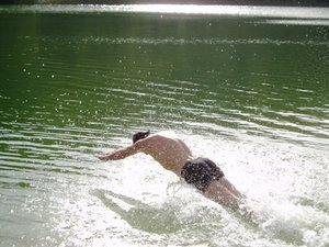 Rod diving into Lake Wabby