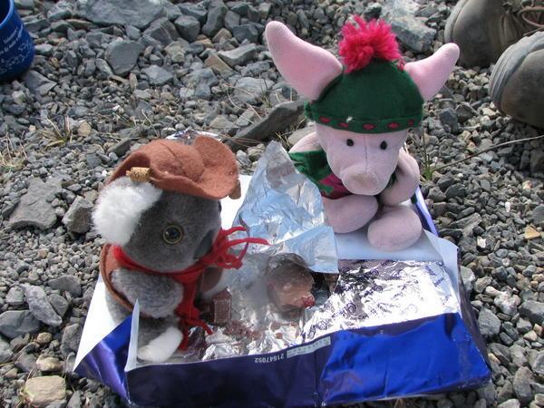 Linda & Piglet having a little of our last block of chocolate before the pass - Cadbury Blackforrest!