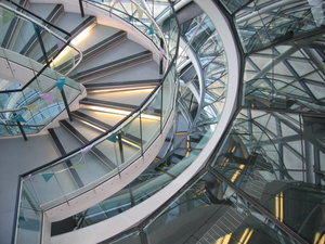 London Assembly - Looking down the spiral ramp and stairs leading to the Rooftop.