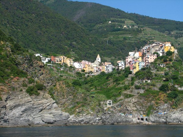 Corniglia Village on the cliff tops - view from boat