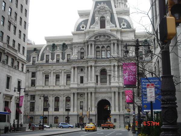 Philadelphia City hall with Cherry Blossom festival banner (can you detect it ?)