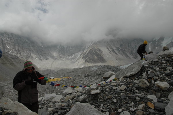 Jen and KB putting out the prayer flags at base camp