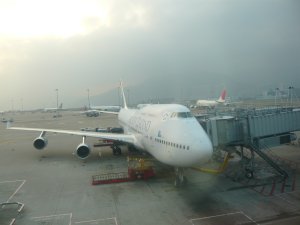 Our plane getting a tidy up in Hong Kong