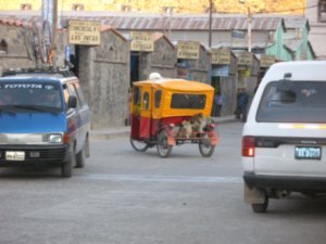 Chivay street scene (monkey clinging onto a dog on the back of a mototaxi is not a usual street scene)