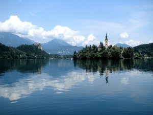 The Island and the church with the castle in the background at Lake Bled.