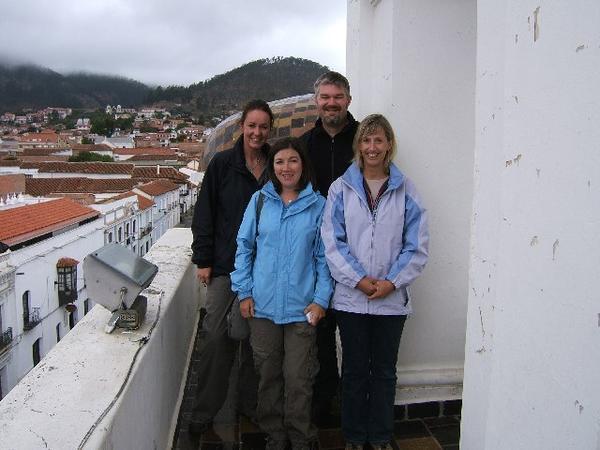 Ella, Alex, Grant & Alison on top of the church in Sucre - Bolivia