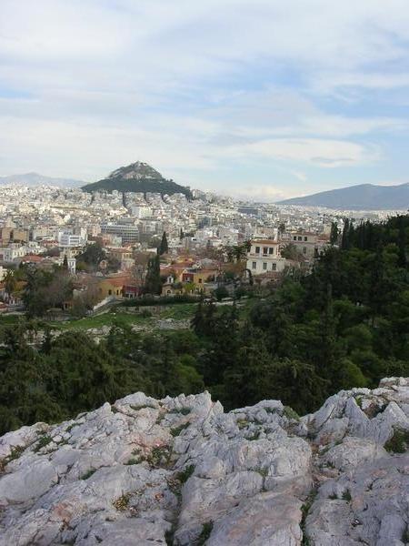 Athens from above, slippery rocks