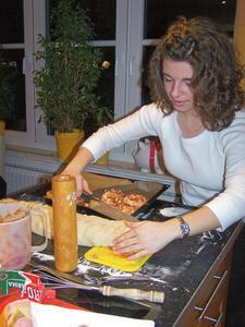 Caro slicing the Pizza Rolls