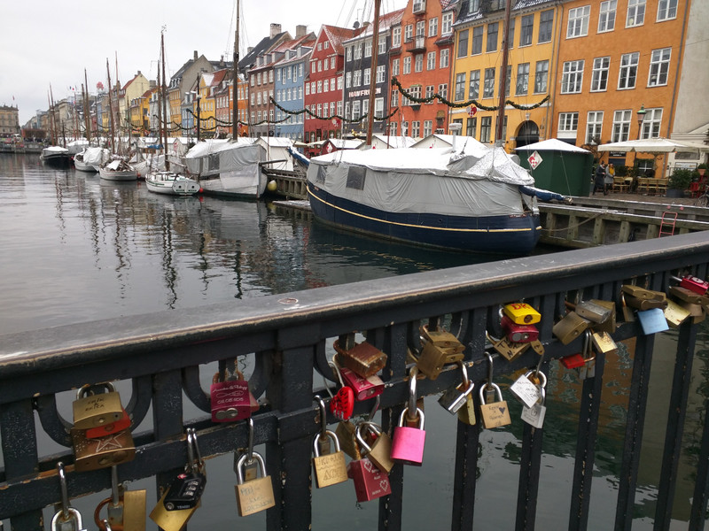 Lovers locks on a canal bridge in downtown Copenhagen
