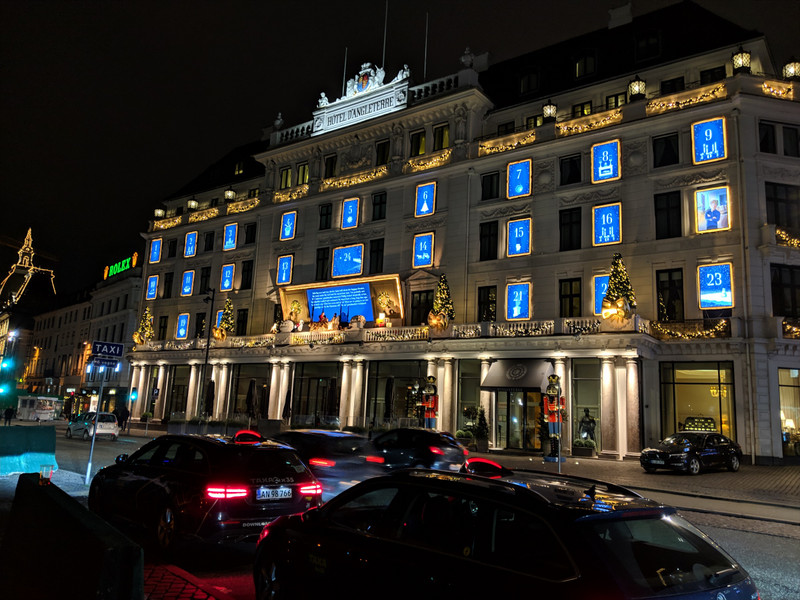 Hotel D'Angleterre with its windows made into an advent calendar