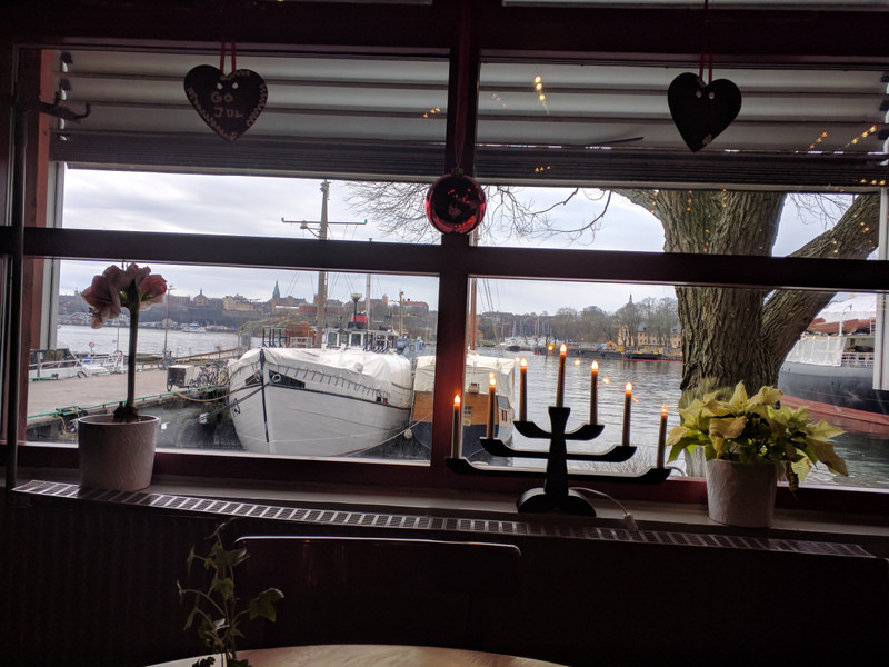 The view from the Vasa museum café with a lovely view over some navy ships
