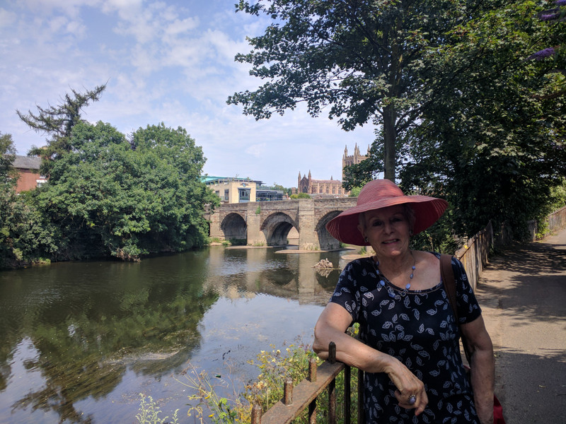 Michelle with Wye Bridge & Hereford Cathedral in the background