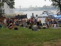 Swimmers, having just swum 2 miles in the Hudson River, finish on Governors Island