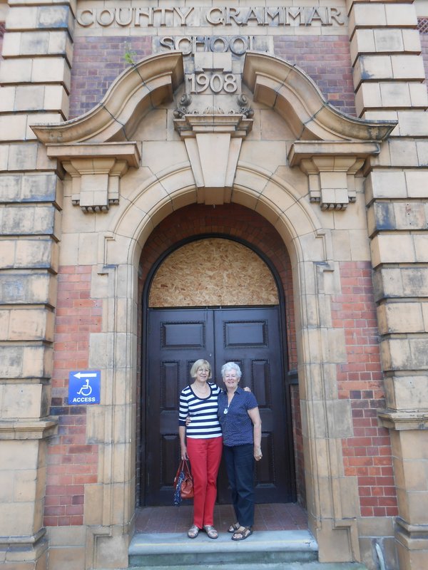 Ann & Michelle outside the main entrance to King Edward V11 Grammar School, Melton Mowbray