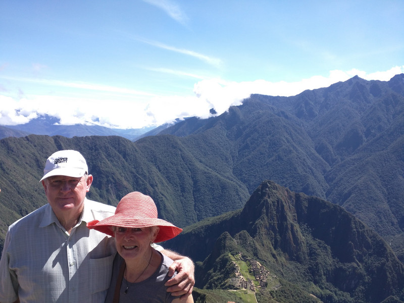 The honeymooners with Machu Picchu below