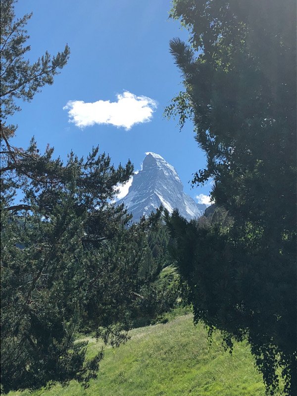 Now we're in Zermatt. First view of the Matterhorn...