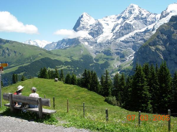 Almendhubel, Switzerland - view (from OUR bench) of the Eiger, Monch, and Jungfrau.  
