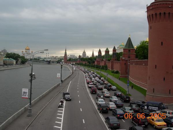 Moscow River, the endless traffic, and the Kremlin