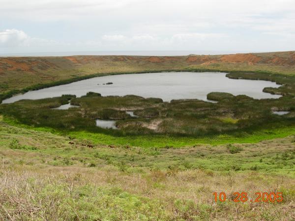 Lake in the crater of Rano Raraku Volcano