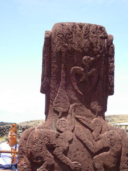 Bird man details on the back of a moai