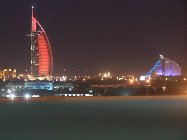 Burj al Arab and Jumeirah Hotel during the nightly light show