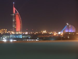 Burj al Arab and Jumeirah Hotel during the nightly light show