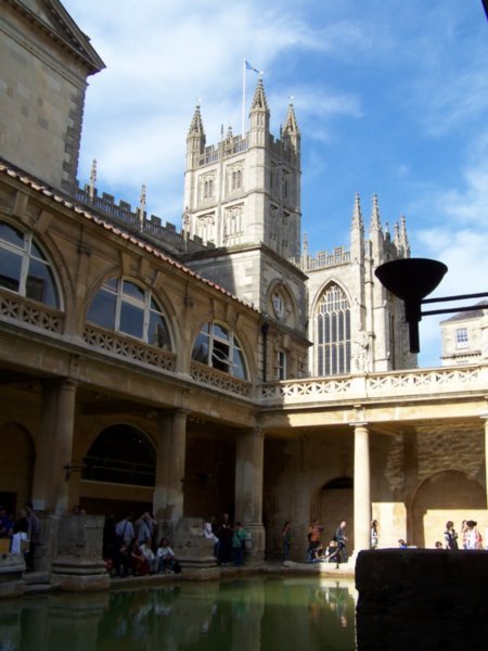 Roman Bath with the Bath Cathedral Bell Tower