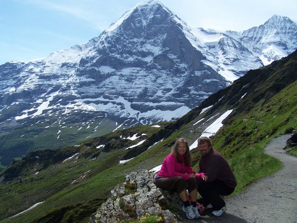 Hiking in the snow with the Eiger in the background
