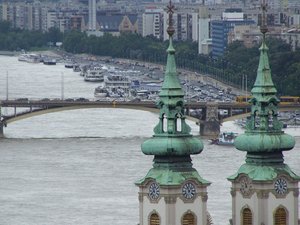 Church towers, the Chain Bridge, and the Danube