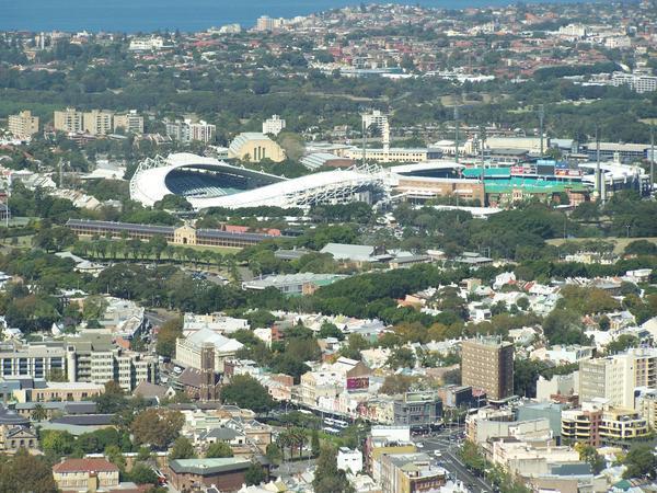 Close-up of the Olympic Stadium from the top of the Sydney Tower