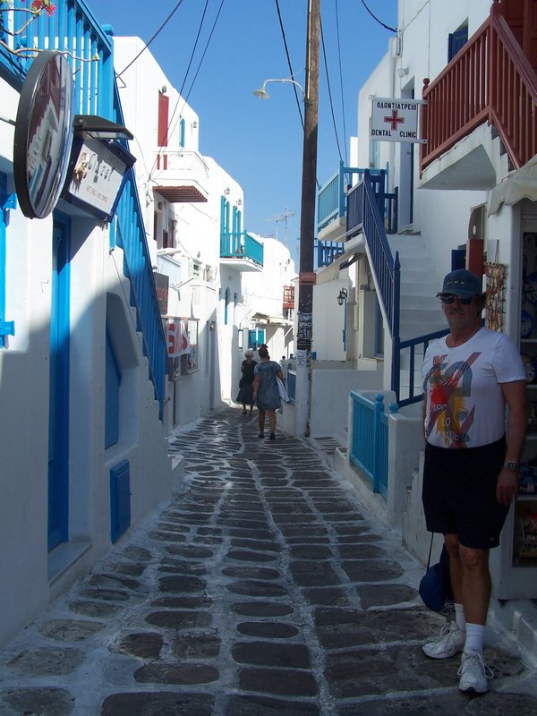The narrow, whitewashed streets of Mykonos